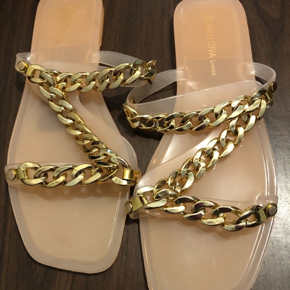 New Wild Diva Lounge Peach Plastic Jelly Flat sandals Size 10 Gold chain Braided - Picture 15 of 16